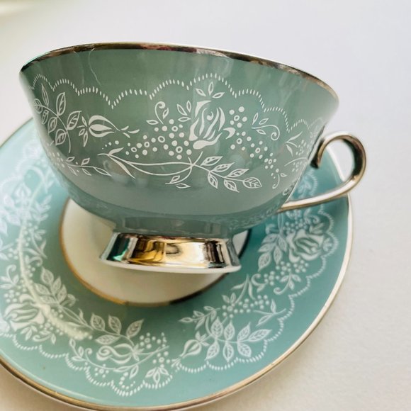 Royal Jackson Bone China Footed Sage Silver Tea Cup & Saucer Set Rare - Picture 6 of 8